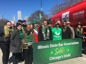 Illinois State Bar Association members marched in the St. Patrick’s Day parade on March 17 in Grant Park alongside the bar group’s Standing Committee on Marketing & Communications. Those pictured include Rooney Rippie & Ratnaswamy partner Emily Masalski, Momkus McCluskey member James F. McCluskey, Eric Hanis, Ava George Stewart, K & R Family Legal Services partner Anna P. Krolikowska, Amari Locallo partner John G. Locallo, ISBA president and former Cook County circuit judge Russell W. Hartigan, Illinois Secretary of State Jesse White, Bruce Farrel Dorn & Associates associate John R. Bailen, Boudreau & Nisivaco partner John L. Nisivaco and Azar Alexander, law clerk to Circuit Judge Diane J. Larsen.
