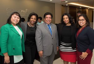 Justice Jesse G. Reyes, president of the Diversity Scholarship Foundation, NFP, welcomed the presidents of local bar groups on Oct. 19 to the foundation’s annual All Bar Presidents’ Reception. Pictured, left to right, are: Filipino American Lawyers Association of Chicago President Lesley Arca, Tondalaya Lloyd of the Lloyd Law Firm, Reyes, Black Women Lawyers Association of Greater Chicago President Erica Kirkwood and Asian American Bar Association of Chicago President Jasmine Hernandez. 