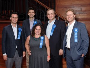 The Jewish United Fund's Young Leadership Division hosted its annual “WYLD” celebration Aug. 10 at Old Crow Smokehouse in River North, honoring its “Double Chai in the Chi” 36 Under 36 list. Pictured, left to right, are Kyle E. Stone, general counsel for the Illinois Department of Public Health; Benjamin T. Halbig, associate at Jenner & Block; Keren Hart Zwick, associate director of litigation for the National Immigrant Justice Center; Marc Karlinsky, editor of the Chicago Daily Law Bulletin, and Elliot Riebman, staff attorney for the Cook County Circuit Court’s Office of the Chief Judge. 