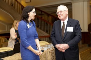 Cook County Circuit Judge Clare J. Quish, vice president of the Appellate Lawyers Association, speaks with Judge Kenneth F. Ripple of the 7th U.S. Circuit Court of Appeals at the ALA’s Seventh Circuit Roundtable Luncheon at the Union League Club on May 15. 