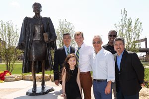 A statue of former 1st District appellate justice Laura Liu was unveiled at Ping Tom Memorial Park in Chicago’s Chinatown neighborhood on April 15, the one-year anniversary of her death. Liu was the state appellate court’s first Asian American jurist. Pictured at the unveiling are (from left to right) Tony T. Shu, owner of Tony T. Shu & Associates and president of the Chicago Chinatown Chamber of Commerce; Sophie Kasper, Liu’s daughter; Michael J. Kasper, Liu’s husband and a partner at Fletcher O’Brien Kasper & Nottage P.C.; Mayor Rahm Emanuel; Art Richardson of the Chicago Park District; and 25th Ward Ald. Danny Solis. The artwork, commissioned with private funds, was designed by Ernie Wong. 