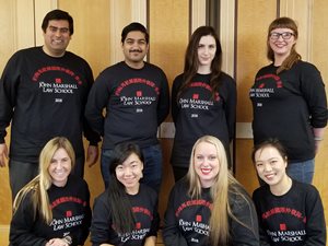 A moot court team from The John Marshall Law School will compete for the first time in The Willem C. Vis East International Commercial Arbitration Moot this month. Bottom row, left to right: Coach Kristen Hudson and team members Zike “Ariel” Yang, Brittany Mancuso and Zhiwen “Jeannette” Jie (alternate). Back row, left to right: Coach Daniel Saeedi and team members Kasim Carbide (alternate), Angela Lewosz and Nora Fitton. 