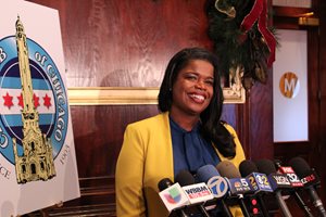 Cook County State’s Attorney Kimberly M. Foxx speaks to reporters after a City Club of Chicago event on Jan. 8 at Maggiano’s Banquets. In her address to the club members, Foxx looked back on her first year in office. 
