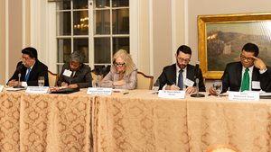 Five candidates for the Illinois Supreme Court’s 1st District bench opening answered questions from the Appellate Lawyers Association Jan. 29 at the Union League Club. The candidates are, from left, Appellate Justices Jesse G. Reyes, Cynthia Y. Cobbs and Margaret Stanton McBride, attorney Daniel Epstein, and Appellate Justice Nathaniel R. Howse Jr.