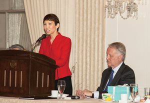 Illinois Appellate Justice Laura Liu addresses the crowd after receiving a Vanguard Award from the Asian American Bar Association. She said she is grateful for the award but even more grateful for the commitment from the legal community to welcoming Asian-Americans. 