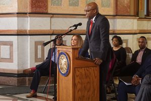 Illinois Attorney General Kwame Y. Raoul spoke during a ceremony honoring Black History Month in the Illinois Capitol’s rotunda on Feb. 6.