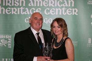 Fiona McEntee of immigration law firm McEntee Law Group was inducted into the Irish American Hall of Fame 2019 class in the category of Hometown Hero on April 27 at the Irish American Heritage Center. She is shown here with Senator for the Irish Diaspora Billy Lawless.