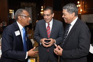 The Chicago Bar Association hosted a Oct. 11 luncheon at the Standard Club to honor 80 lawyers who have maintained CBA membership for 50 years. Chief Cook County  Circuit Judge Timothy C. Evans (right), who joined the CBA after passing the Illinois bar in 1969, delivered the keynote address. Evans mingles with CBA President Jesse Ruiz (center) and fellow honoree Roland W. Burris, a former Illinois attorney general, comptroller and U.S. senator.