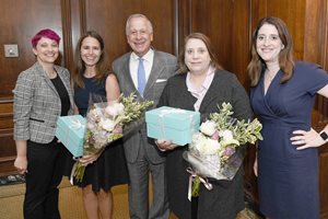 The Chicago Bar Association’s Alliance for Women honored Linda F. Friedman (second from right) and Kathryn C. Liss (second from left) at its annual luncheon May 30 at the Standard Club. Friedman is managing partner of Stowell & Friedman Ltd. and Liss is director of DePaul University’s Family Law Center. They’re pictured alongside Alliance for Women co-chairs Kimber Russell (far left) and Lauren S. Novak and CBA President Steven M. Elrod.
