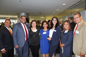 Attendees of the swearing in of the first-ever board of the new Illinois Latino Judges Association at the offices of Jackson Lewis on July 26 included (left to right): Hispanic Lawyers Association of Illinois immediate past president Martin Quintana of Quintana Law Group; current HLAI President and Benesch, Friedlander, Coplan & Aronoff of counsel Juan Morado Jr.; new ILJA board member and Cook County Circuit Judge Sandra G. Ramos; U.S. Magistrate Judge Maria Valdez; Jackson Lewis principal Monica H. Khetarpal; Asian American Bar Association of the Greater Chicago Area President and Cook County Assistant State’s Attorney Jasmine V. Hernandez; and Chief U.S. District Judge Ruben Castillo. 