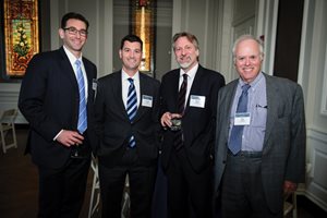 Posing at a party Duane Morris held for its clients and friends at the Chicago History Museum are (from left) Nathan Huveldt of Morgan Stanley, Tim Irwin of Wintrust and firm attorneys Brian Kerwin and Ken Latimer.